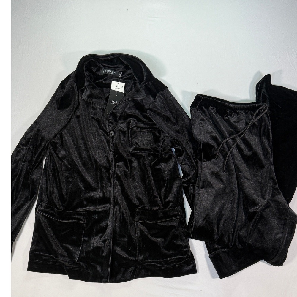 Lauren Ralph Lauren Pajama Set Women's Medium Black Velour 2 Piece Sleepwear - Picture 4 of 16